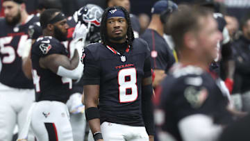 Sep 29, 2024; Houston, Texas, USA; Houston Texans wide receiver John Metchie III (8) during the game against the Jacksonville Jaguars at NRG Stadium. Mandatory Credit: Troy Taormina-Imagn Images