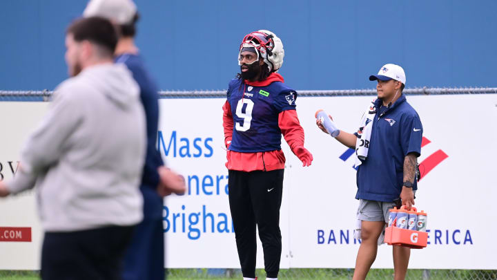 Jul 24, 2024; Foxborough, MA, USA;  New England Patriots linebacker Matthew Judon (9)  works out during training camp at Gillette Stadium. Mandatory Credit: Eric Canha-USA TODAY Sports