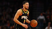 Nov 26, 2024; Phoenix, Arizona, USA; Phoenix Suns guard Devin Booker (1) against the Los Angeles Lakers during an NBA Cup game at Footprint Center. Mandatory Credit: Mark J. Rebilas-Imagn Images