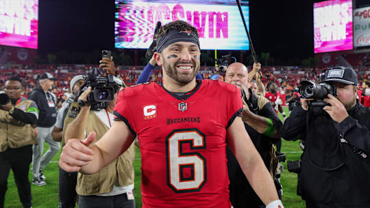 Tampa Bay Buccaneers quarterback Baker Mayfield celebrates after beating the Jacksonville Jaguars.