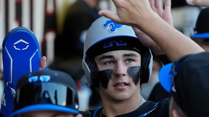KentuckyÕs Tyler Bell (6) celebrates after scoring a run during a NCAA baseball game against Georgia on March 14, 2025.