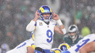 Jan 19, 2025; Philadelphia, Pennsylvania, USA; Los Angeles Rams quarterback Matthew Stafford (9) calls a play from the line of scrimmage in the third quarter against the Philadelphia Eagles in a 2025 NFC divisional round game at Lincoln Financial Field. Mandatory Credit: Bill Streicher-Imagn Images