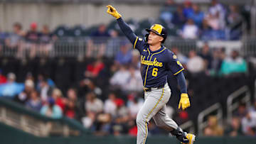 Aug 4, 2025; Atlanta, Georgia, USA; Milwaukee Brewers left fielder Isaac Collins (6) celebrates after a three-run home run against the Atlanta Braves in the fourth inning at Truist Park. Mandatory Credit: Brett Davis-Imagn Images