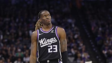 Oct 24, 2025; Sacramento, California, USA; Sacramento Kings guard Keon Ellis (23) between plays against the Utah Jazz during the first quarter at Golden 1 Center. Mandatory Credit: Kelley L Cox-Imagn Images