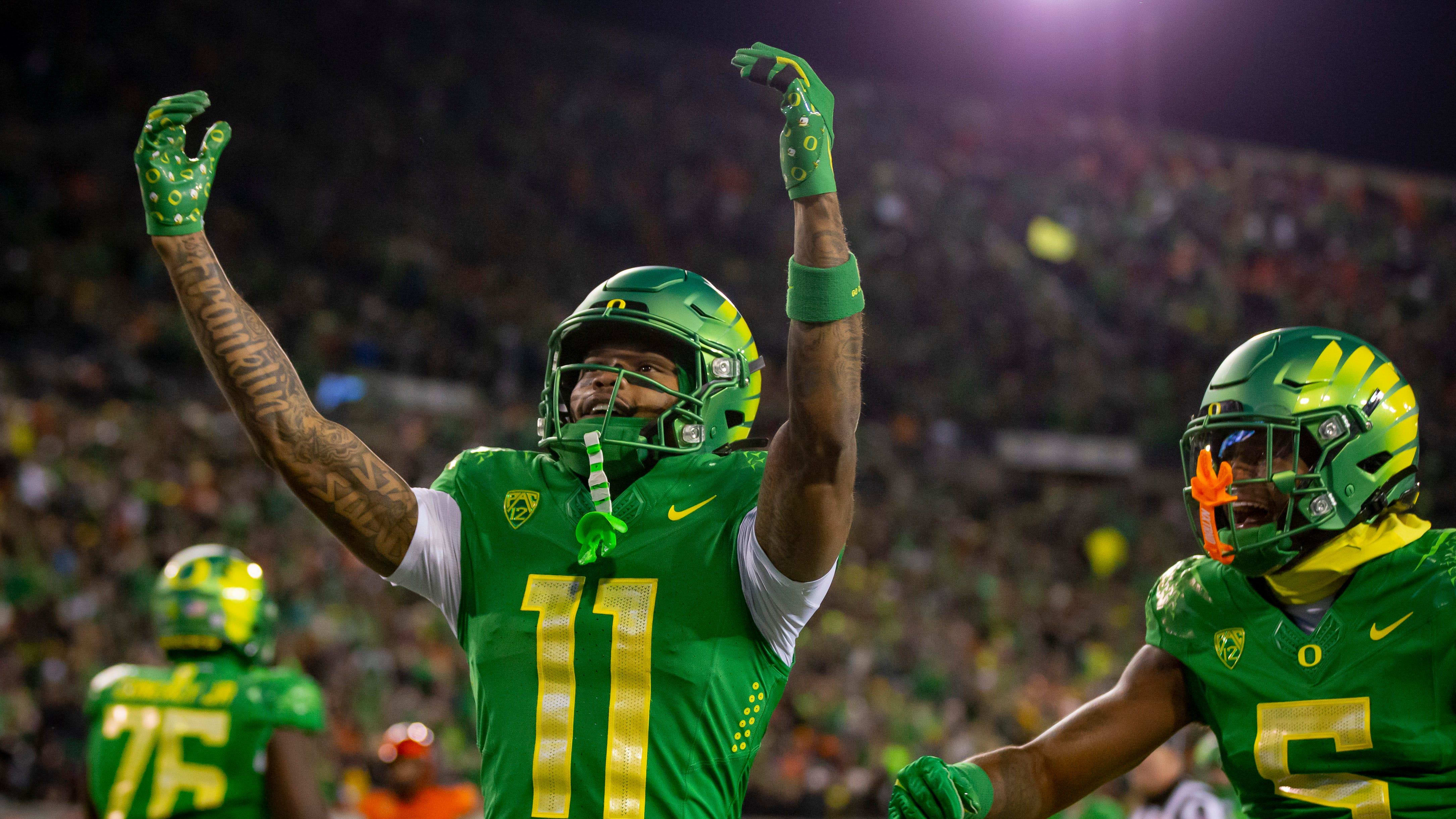 Oregon wide receiver Troy Franklin celebrates a touchdown.