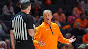 Tennessee coach Rick Barnes talks to the referee during a NCAA basketball game between the Tennessee Volunteers and Tennessee State Tigers at Thompson-Boling Arena at Food City Center in Knoxville, Tenn., on Nov. 20, 2025.