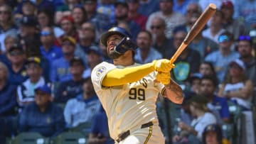 May 15, 2024; Milwaukee, Wisconsin, USA; Milwaukee Brewers catcher Gary Sanchez (99) hits a 2-run home run in the third inning against the Pittsburgh Pirates at American Family Field.