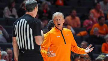 Tennessee coach Rick Barnes talks to the referee during a NCAA basketball game between the Tennessee Volunteers and Tennessee State Tigers at Thompson-Boling Arena at Food City Center in Knoxville, Tenn., on Nov. 20, 2025.