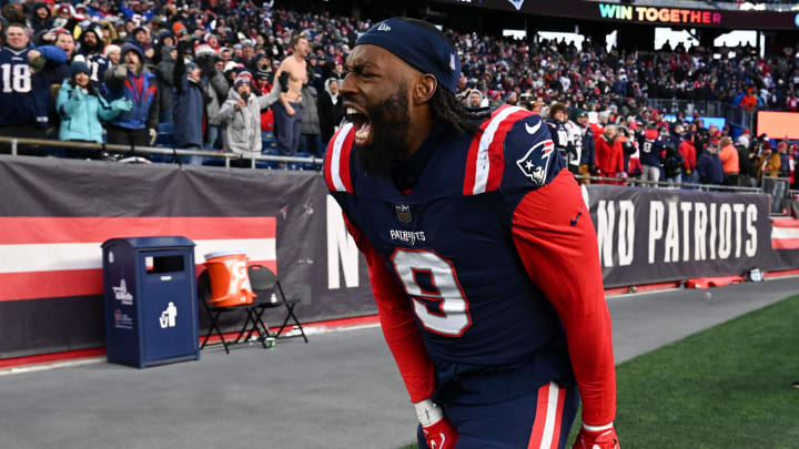 Nov 20, 2022; Foxborough, Massachusetts, USA; New England Patriots linebacker Matthew Judon (9) reacts after cornerback Marcus Jones (not seen) scored a touchdown against the New York Jets during the second half at Gillette Stadium. Mandatory Credit: Brian Fluharty-USA TODAY Sports