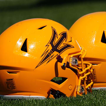 March 30, 2022;  Tempe, AZ, USA; ASU helmets during a practice at Kajikawa Practice fields.

Football Asu Fb