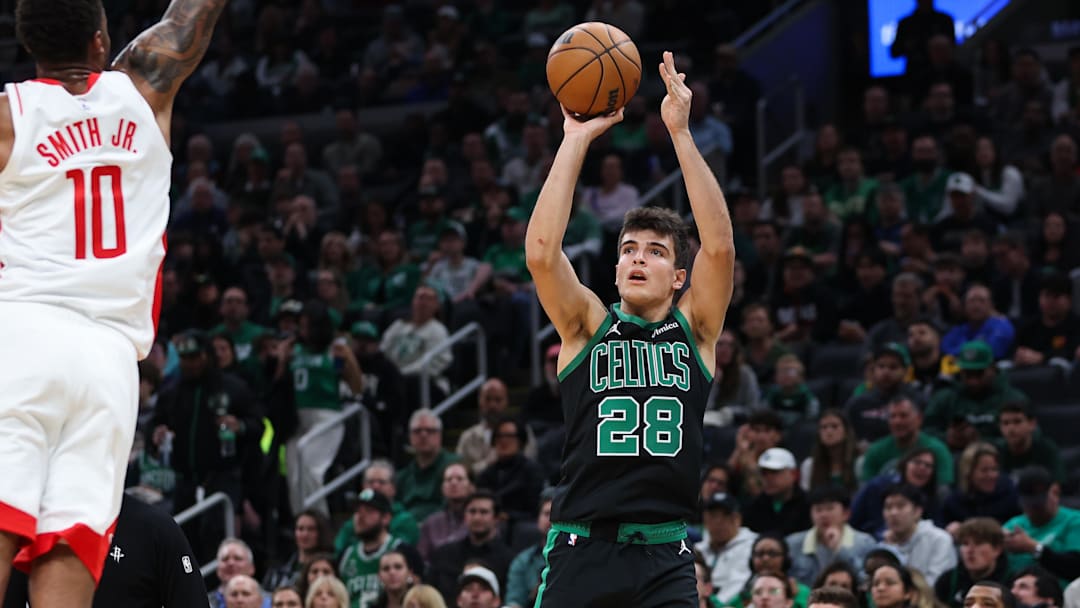 Nov 1, 2025; Boston, Massachusetts, USA; Boston Celtics forward Hugo Gonzalez (28) shoots during the first half against the Houston Rockets at TD Garden. Mandatory Credit: Paul Rutherford-Imagn Images