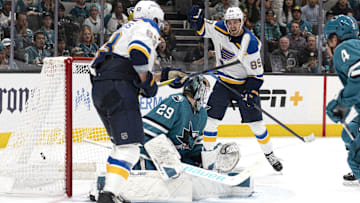 Oct 10, 2024; San Jose, California, USA;  St. Louis Blues left wing Pavel Buchnevich (89) reacts after tying the game during the third period against the San Jose Sharks at SAP Center at San Jose. Mandatory Credit: Stan Szeto-Imagn Images