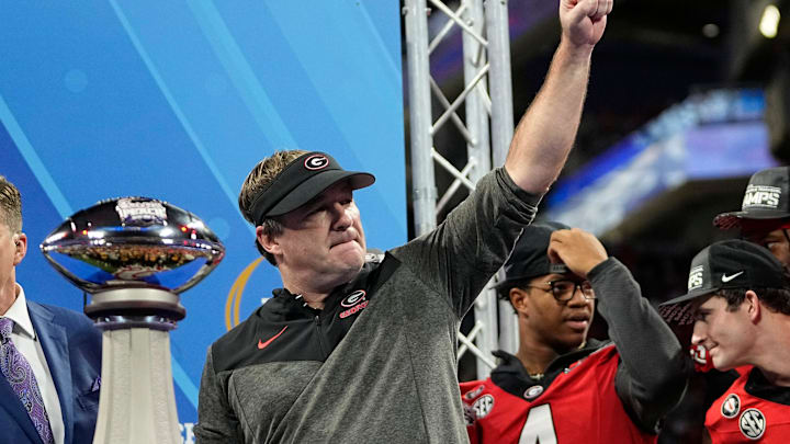Dec 31, 2022; Atlanta, Georgia, USA; Georgia Bulldogs head coach Kirby Smart gives a fist pump following the Peach Bowl against the Ohio State Buckeyes in the College Football Playoff semifinal at Mercedes-Benz Stadium. Georgia beat Ohio State 42-41. Mandatory Credit: Adam Cairns-The Columbus Dispatch

Ncaa Football Peach Bowl Ohio State At Georgia