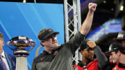Dec 31, 2022; Atlanta, Georgia, USA; Georgia Bulldogs head coach Kirby Smart gives a fist pump following the Peach Bowl against the Ohio State Buckeyes in the College Football Playoff semifinal at Mercedes-Benz Stadium. Georgia beat Ohio State 42-41. Mandatory Credit: Adam Cairns-The Columbus Dispatch

Ncaa Football Peach Bowl Ohio State At Georgia