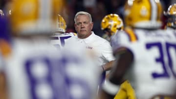 Nov 4, 2023; Tuscaloosa, Alabama, USA; LSU Tigers head coach Brian Kelly looks on before the first half at Bryant-Denny Stadium. Mandatory Credit: Butch Dill-USA TODAY Sports