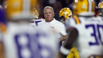 Nov 4, 2023; Tuscaloosa, Alabama, USA; LSU Tigers head coach Brian Kelly looks on before the first half at Bryant-Denny Stadium. Mandatory Credit: Butch Dill-USA TODAY Sports