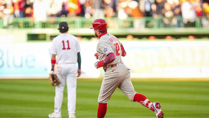 May 12, 2026; Boston, Massachusetts, USA; Philadelphia Phillies designated hitter Kyle Schwarber (12) hits a home run against the Boston Red Sox in the first inning at Fenway Park. Mandatory Credit: David Butler II-Imagn Images
