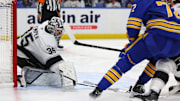 Oct 10, 2024; Buffalo, New York, USA;  Los Angeles Kings goaltender Darcy Kuemper (35) makes a stick save during the second period against the Buffalo Sabres at KeyBank Center. Mandatory Credit: Timothy T. Ludwig-Imagn Images