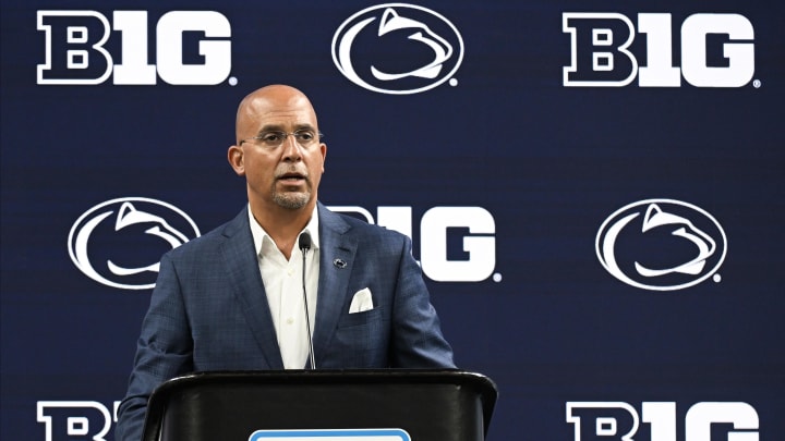 Penn State Nittany Lions head coach James Franklin speaks to the media during Big 10 Football Media Days at Lucas Oil Stadium.