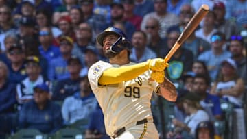 May 15, 2024; Milwaukee, Wisconsin, USA; Milwaukee Brewers catcher Gary Sanchez (99) hits a 2-run home run in the third inning against the Pittsburgh Pirates at American Family Field. Mandatory Credit: Benny Sieu-USA TODAY Sports