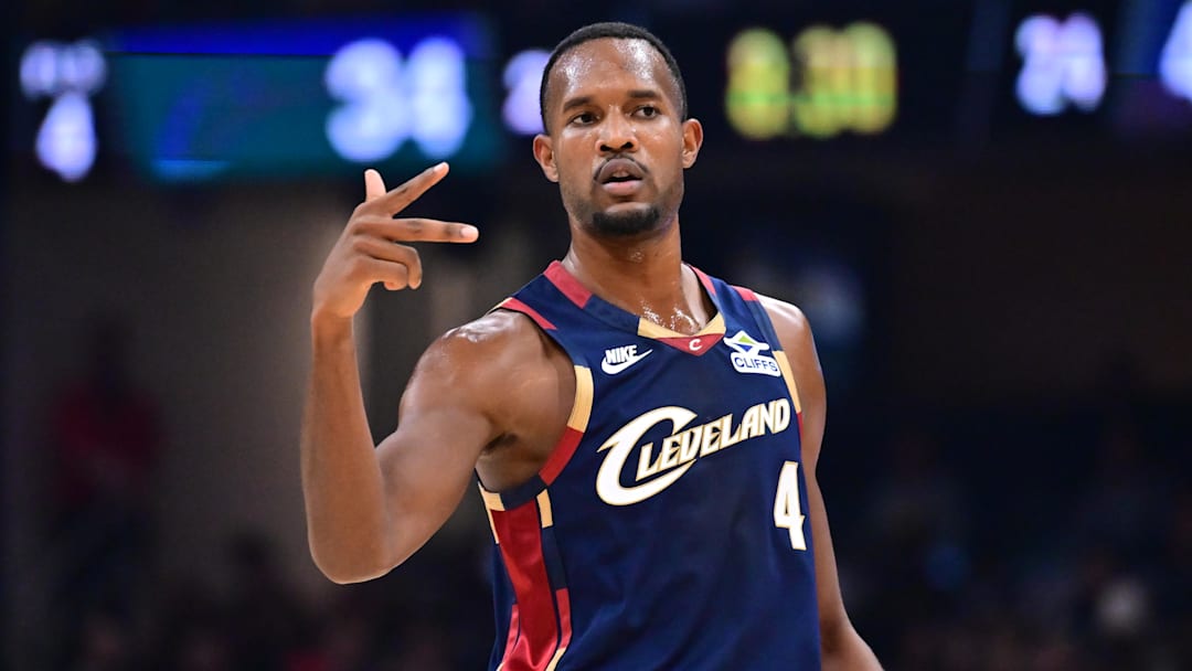 Nov 8, 2025; Cleveland, Ohio, USA; Cleveland Cavaliers center Evan Mobley (4) celebrates after hitting a three point basket against the Chicago Bulls during the first half at Rocket Arena. Mandatory Credit: Ken Blaze-Imagn Images