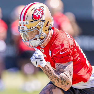 May 10, 2024; Santa Clara, CA, USA; San Francisco 49ers wide receiver Ricky Pearsall (14) runs drills during the 49ers rookie minicamp at Levi’s Stadium in Santa Clara, CA. Mandatory Credit: Robert Kupbens-Imagn Images