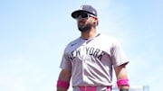 May 11, 2025; West Sacramento, California, USA; New York Yankees left fielder Jasson Dominguez (24) walks towards the dugout before the start of the game against the Athletics at Sutter Health Park. 