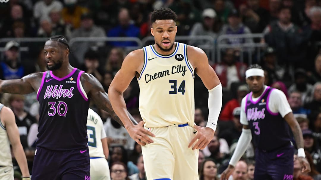 Jan 13, 2026; Milwaukee, Wisconsin, USA; Milwaukee Bucks forward Giannis Antetokounmpo (34) reacts in the second quarter against the Minnesota Timberwolves at Fiserv Forum. Mandatory Credit: Benny Sieu-Imagn Images