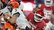 Oklahoma's Jalen Redmond (31) sacks Oklahoma State's Spencer Sanders (3) during a Bedlam college football game between the University of Oklahoma Sooners (OU) and the Oklahoma State University Cowboys (OSU) at Gaylord Family-Oklahoma Memorial Stadium in Norman, Okla., Saturday, Nov. 19, 2022. Oklahoma won 28-13.

Bedlam Football