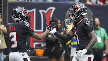 Oct 27, 2024; Houston, Texas, USA; Houston Texans wide receiver Tank Dell (3) celebrates with wide receiver Stefon Diggs (1) after scoring a touchdown during the second quarter against the Indianapolis Colts at NRG Stadium. Mandatory Credit: Troy Taormina-Imagn Images