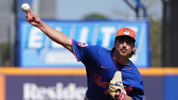 Feb 13, 2025; Port St. Lucie, FL, USA; New York Mets pitcher Brandon Sproat (91) pitches live batting practice at Spring Training. Mandatory Credit: Jim Rassol-Imagn Images