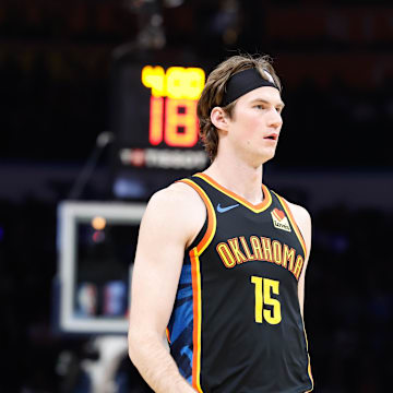 Oklahoma City Thunder center Branden Carlson (15) scored 23 points and made four 3-pointers in OKC's win over the Orlando Magic in the 2025 NBA Summer League