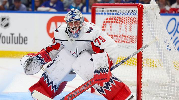 Oct 3, 2026; Tampa, Florida, USA; Washington Capitals goaltender Charlie Lindgren (79) looks on against the Tampa Bay Lightning in the first period at Benchmark International Arena. Mandatory Credit: Nathan Ray Seebeck-Imagn Images
