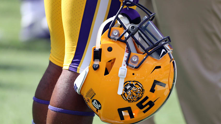 Oct 6, 2018; Gainesville, FL, USA; A detail view of LSU Tigers helmet prior to the game at Ben Hill Griffin Stadium. Mandatory Credit: Kim Klement-Imagn Images | Kim Klement-Imagn Images