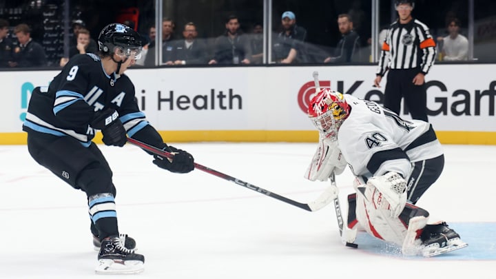 Sep 23, 2024; Salt Lake City, Utah, USA; Utah Hockey Club forward Clayton Keller (9) shoots against Los Angeles Kings goaltender Carter George} (40) during a shootout at Delta Center. Mandatory Credit: Rob Gray-Imagn Images Sep 23, 2024; Salt Lake City, Utah, USA; Utah Hockey Club forward Clayton Keller (9) shoots against Los Angeles Kings goaltender Carter George} (40) during a shootout at Delta Center. Mandatory Credit: Rob Gray-Imagn Images
