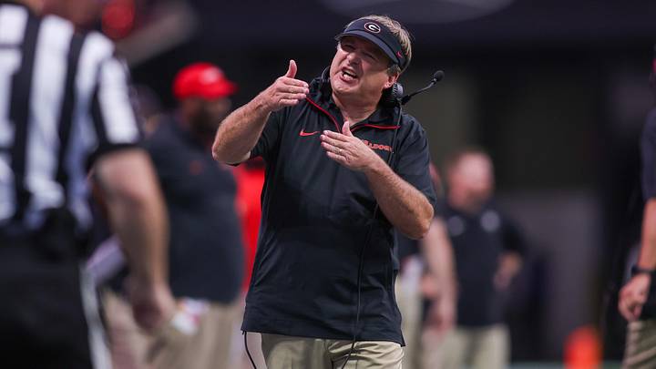 Aug 31, 2024; Atlanta, Georgia, USA; Georgia Bulldogs head coach Kirby Smart talks to a referee against the Clemson Tigers in the third quarter at Mercedes-Benz Stadium. Mandatory Credit: Brett Davis-Imagn Images
