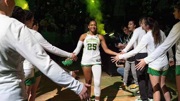 Oregon’s Oregon’s Deja Kelly is introduced before the game against Iowa at Matthew Knight Arena Sunday, Jan. 19, 2025