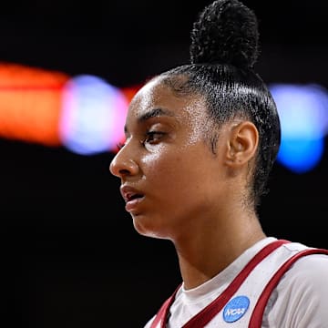 Mar 22, 2025; Los Angeles, California, USA; USC Trojans guard JuJu Watkins (12) during the second quarter of an NCAA Tournament game against the UNC Greensboro Spartans at Galen Center. 