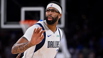 Oct 6, 2025; Fort Worth, Texas, USA; Dallas Mavericks forward/center Anthony Davis (3) sets the play against Oklahoma City Thunder guard Cason Wallace (22) during the game between the Dallas Mavericks and the Oklahoma City Thunder at Dickie's Arena. Mandatory Credit: Jerome Miron-Imagn Images