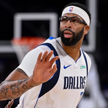 Oct 6, 2025; Fort Worth, Texas, USA; Dallas Mavericks forward/center Anthony Davis (3) sets the play against Oklahoma City Thunder guard Cason Wallace (22) during the game between the Dallas Mavericks and the Oklahoma City Thunder at Dickie's Arena. Mandatory Credit: Jerome Miron-Imagn Images