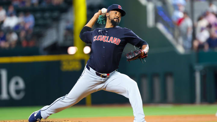 May 14, 2024; Arlington, Texas, USA;  Cleveland Guardians pitcher Emmanuel Clase (48) throws during the ninth inning against the Texas Rangers  at Globe Life Field. Mandatory Credit: Kevin Jairaj-USA TODAY Sports