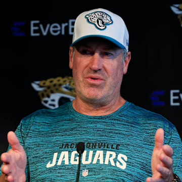 Jacksonville Jaguars head coach Doug Pederson answers questions from members of the media during a combined NFL football training camp session between the Tampa Bay Buccaneers and Jacksonville Jaguars Thursday, Aug. 15, 2024 at EverBank Stadium’s Miller Electric Center in Jacksonville, Fla. [Corey Perrine/Florida Times-Union]