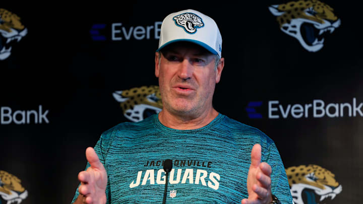 Jacksonville Jaguars head coach Doug Pederson answers questions from members of the media during a combined NFL football training camp session between the Tampa Bay Buccaneers and Jacksonville Jaguars Thursday, Aug. 15, 2024 at EverBank Stadium’s Miller Electric Center in Jacksonville, Fla. [Corey Perrine/Florida Times-Union]