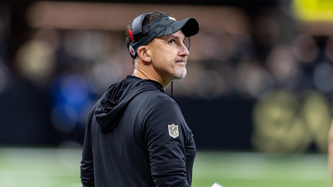 Oct 17, 2024; New Orleans, Louisiana, USA;  New Orleans Saints head coach Dennis Allen reacts to a play call against the Denver Broncos during the first half at Caesars Superdome. Mandatory Credit: Stephen Lew-Imagn Images