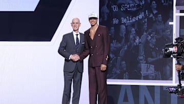 Jun 25, 2025; Brooklyn, NY, USA;  Carter Bryant stands with NBA commissioner Adam Silver after being selected as the 14th pick by the San Antonio Spurs in the first round of the 2025 NBA Draft at Barclays Center. Mandatory Credit: Brad Penner-Imagn Images