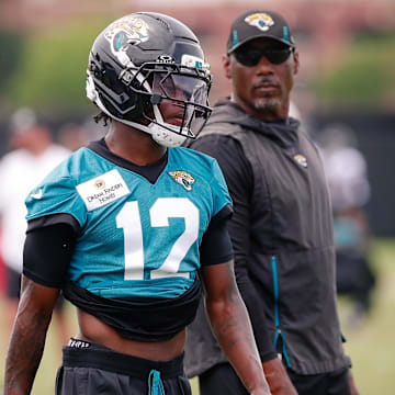 May 10, 2025; Jacksonville, FL, USA; Jacksonville Jaguars wide receiver Travis Hunter (12) during rookie minicamp at Miller Electric Center. Mandatory Credit: Travis Register-Imagn Images