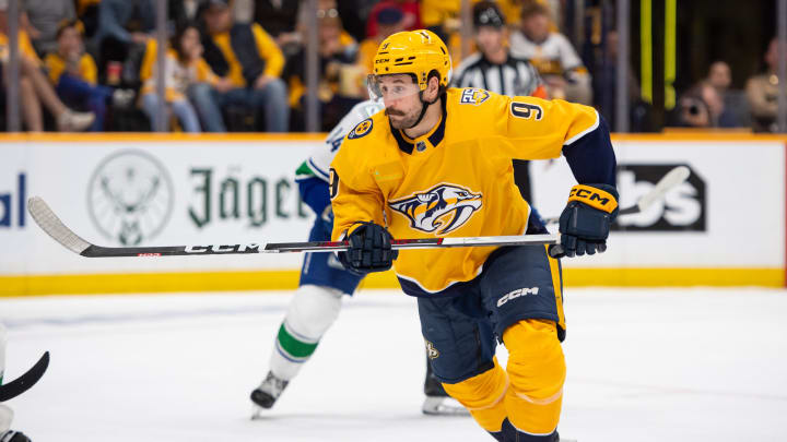 Apr 28, 2024; Nashville, Tennessee, USA;  Nashville Predators left wing Filip Forsberg (9) in game four of the first round of the 2024 Stanley Cup Playoffs at Bridgestone Arena. Mandatory Credit: Steve Roberts-USA TODAY Sports