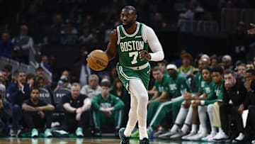 Oct 22, 2025; Boston, Massachusetts, USA; Boston Celtics guard Jaylen Brown (7) brings the ball up the court against the Philadelphia 76ers during the second half at TD Garden. Mandatory Credit: Winslow Townson-Imagn Images
