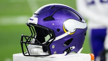 Jan 13, 2025; Glendale, AZ, USA; Detailed view of a Minnesota Vikings helmet during an NFC wild card game at State Farm Stadium. Mandatory Credit: Mark J. Rebilas-Imagn Images