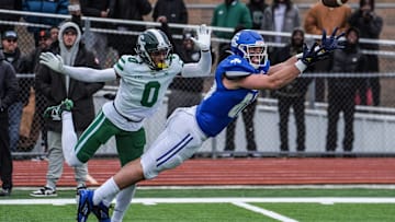 Novi Detroit Catholic Central‘s Jack Janda stretches out but fails to pull in the pass while being covered by Cass Tech’s Lamont Wilcoxson in the fourth quarter during the MHSAA semifinals of the state playoffs at Troy Athens High School on Saturday, Nov. 23, 2024.